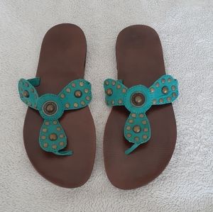 Turquoise and Bronze Thong Sandals - Size 10